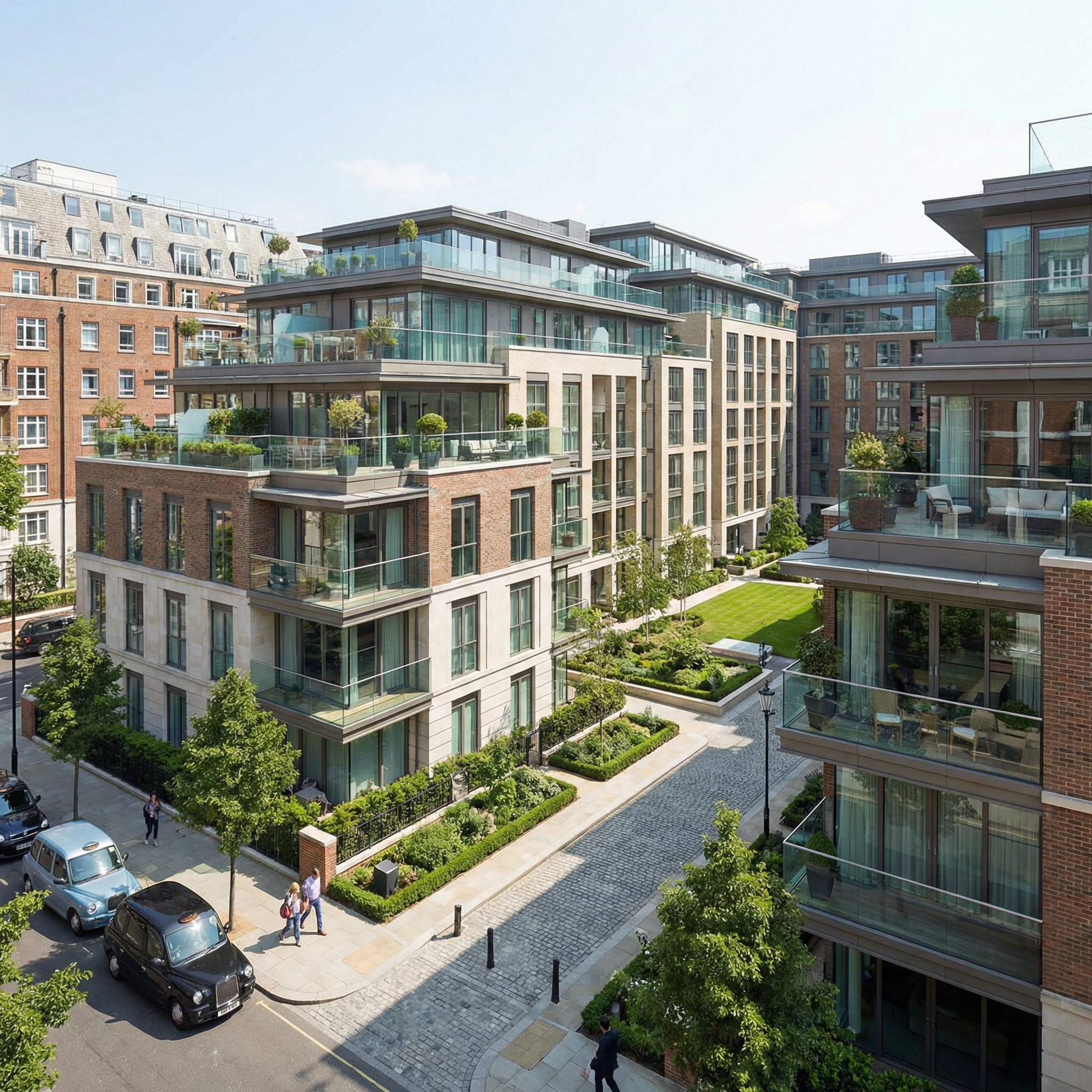 A professional architectural photograph of Roland Gardens in South Kensington, showcasing its new-build luxury apartments with private terraces and modern design.