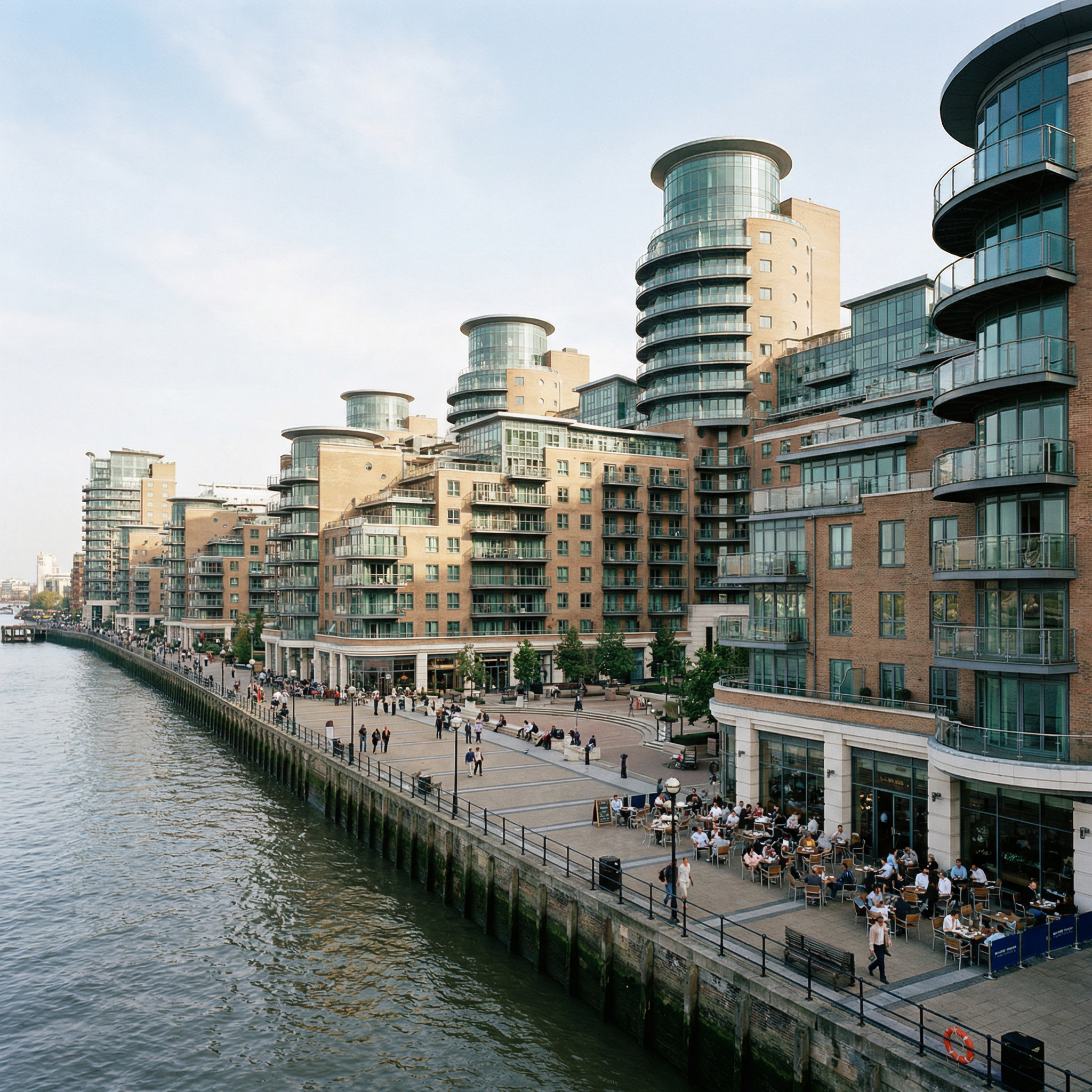An aerial view of St George Wharf in Vauxhall, highlighting its extensive terraced architecture along the River Thames and its vibrant waterside community.