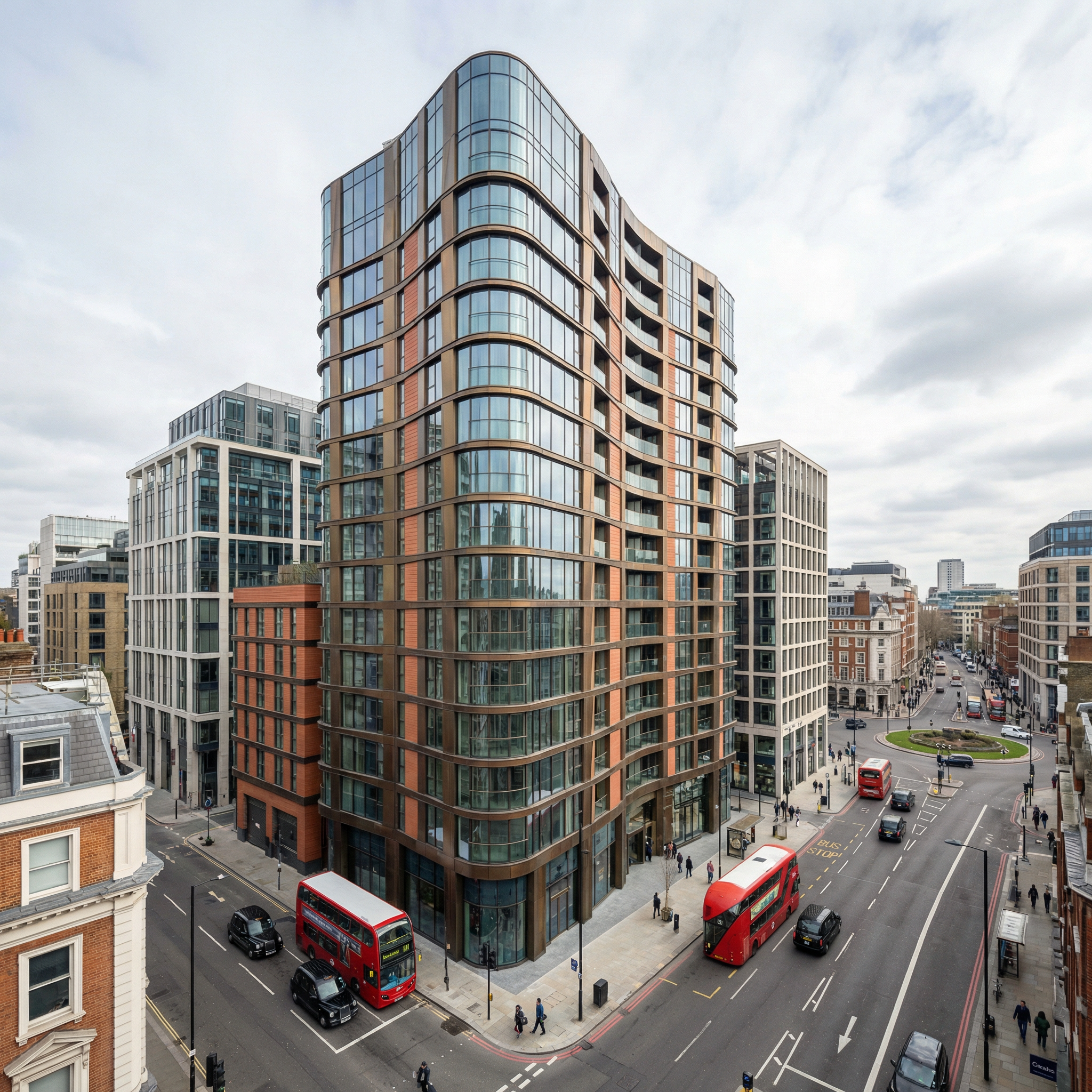 A professional architectural photograph of The Arc, a luxury 22-storey residential tower on City Road, EC1, showcasing its modern design and urban setting.