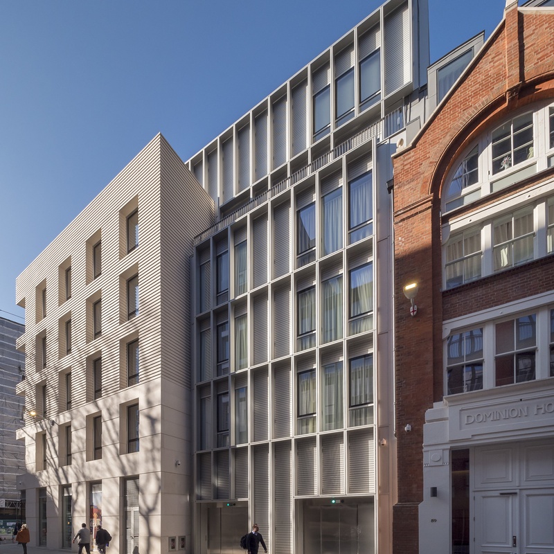 The elegant contemporary architecture and landscaped courtyards of Barts Square in Clerkenwell.